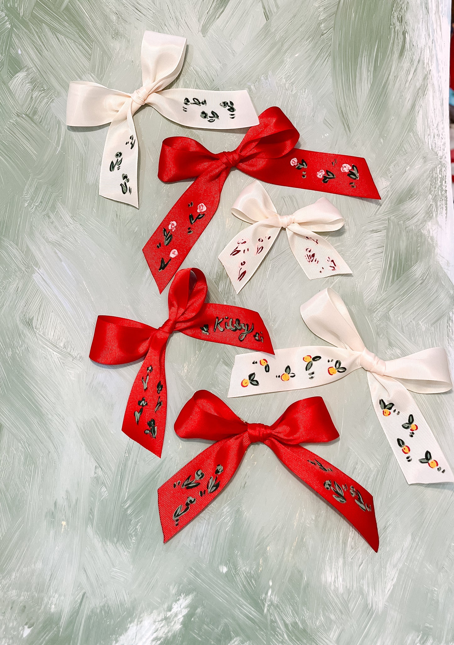 Holiday Hand-Painted Bow on Gold Alligator Clip